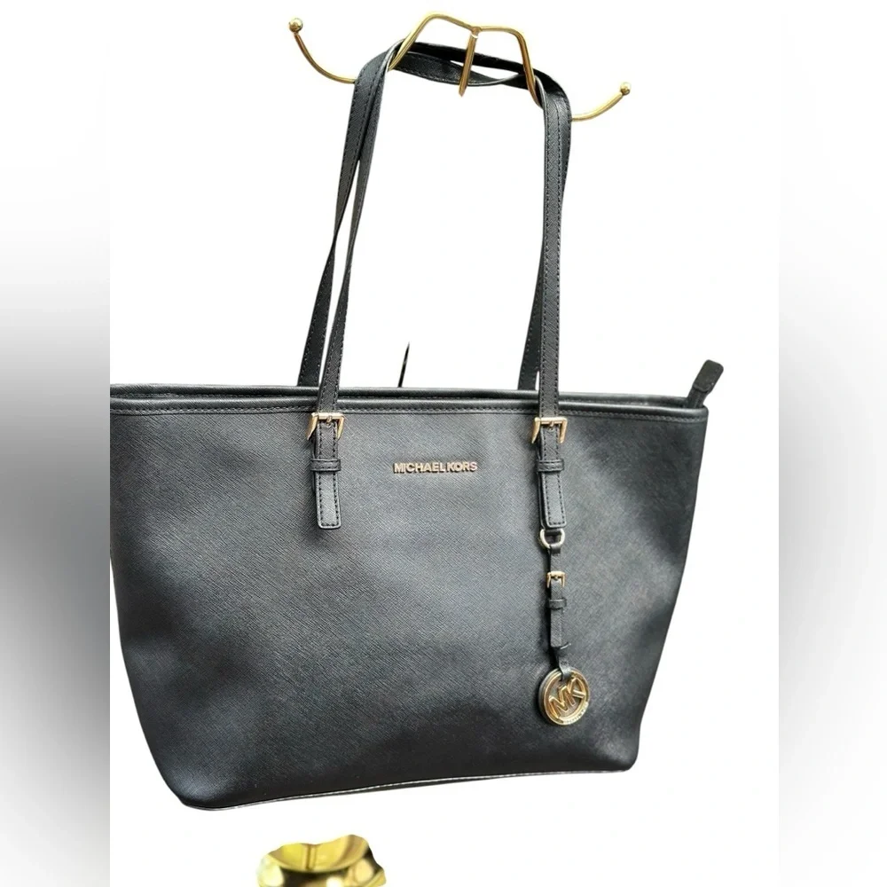 Michael Kors Black Leather Tote with Gold Accents